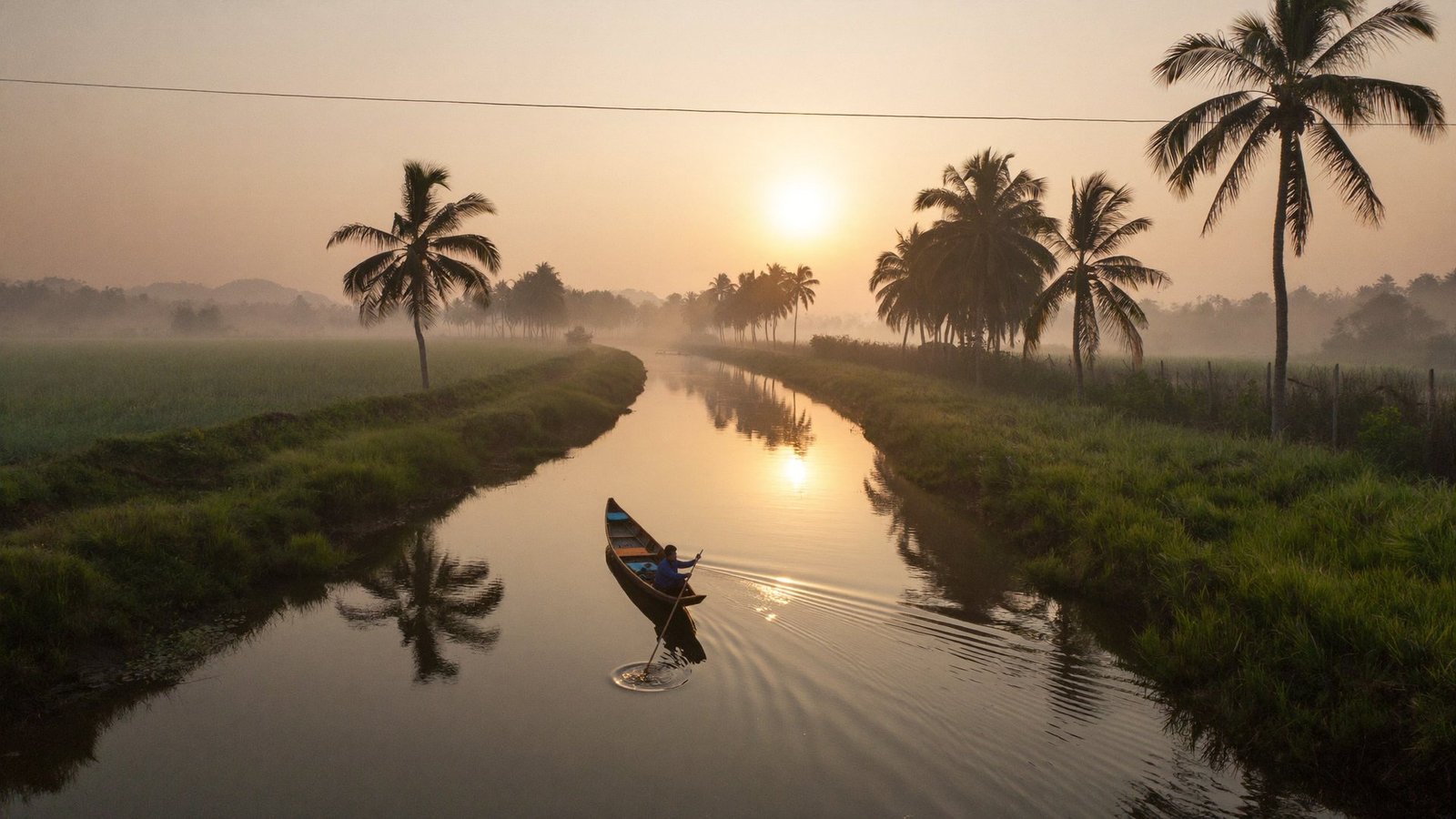 Dawn mist over the canal with a country boat and palms along both banks